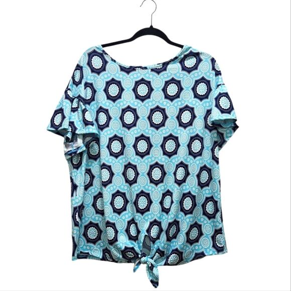 NY Collection Women's Flutter Sleeve Tie Front Top Blue Floral Geo Print Sz 1X - Picture 1 of 6